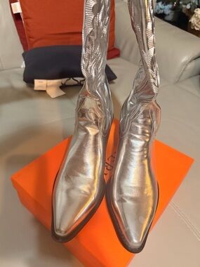 Silver Women's Pointed-Toe Mid-Calf Boots-Size 14EU/12US-12.5